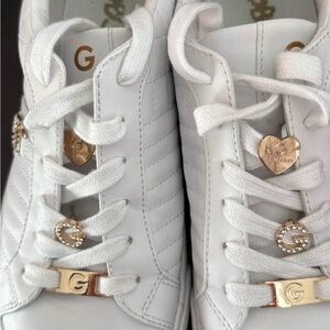G by Guess White Quilted Lace-Up Sneakers with Gold Accents